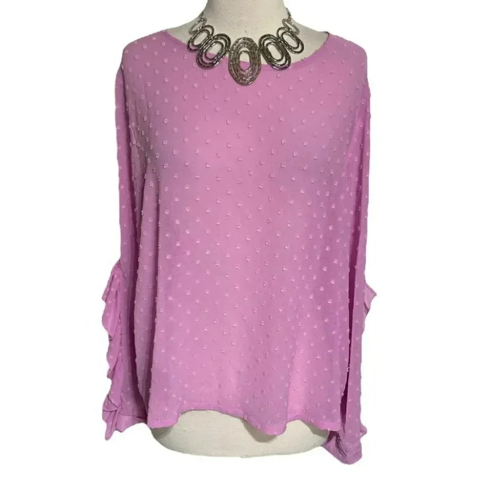 A New Day XXL pink Swiss dot ruffled long slit sleeve top Salsa Barbiecore